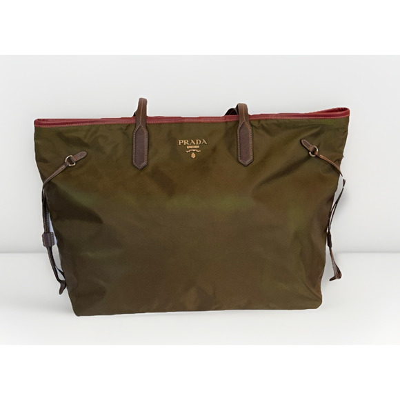 Authentic Prada Olive Green Nylon Tote Brown Leather Handles Red Interior Italy - Picture 3 of 16